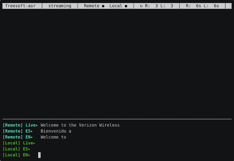 freesoft-asr transcribing a live bilingual phone call in real time